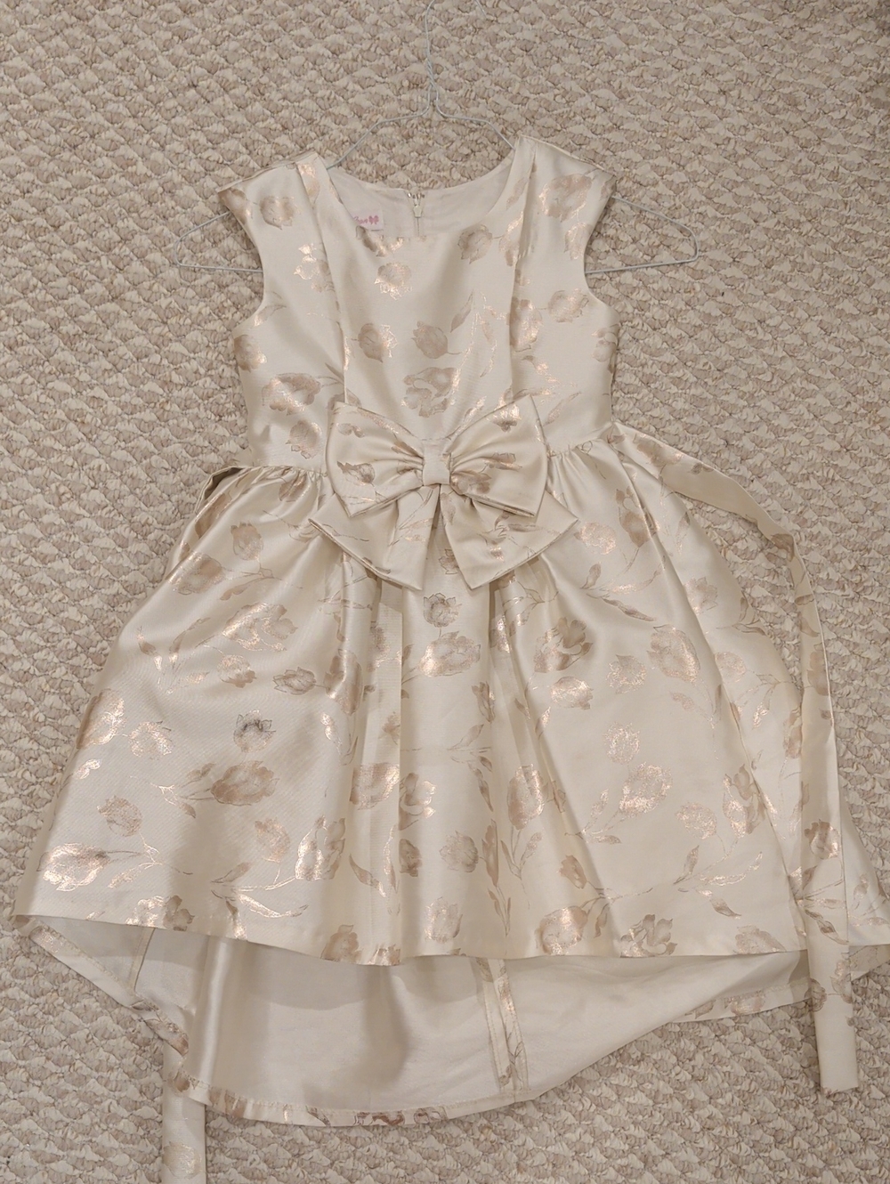 Bonnie Jean Cream Dress with Gold Floral Accents and Bow